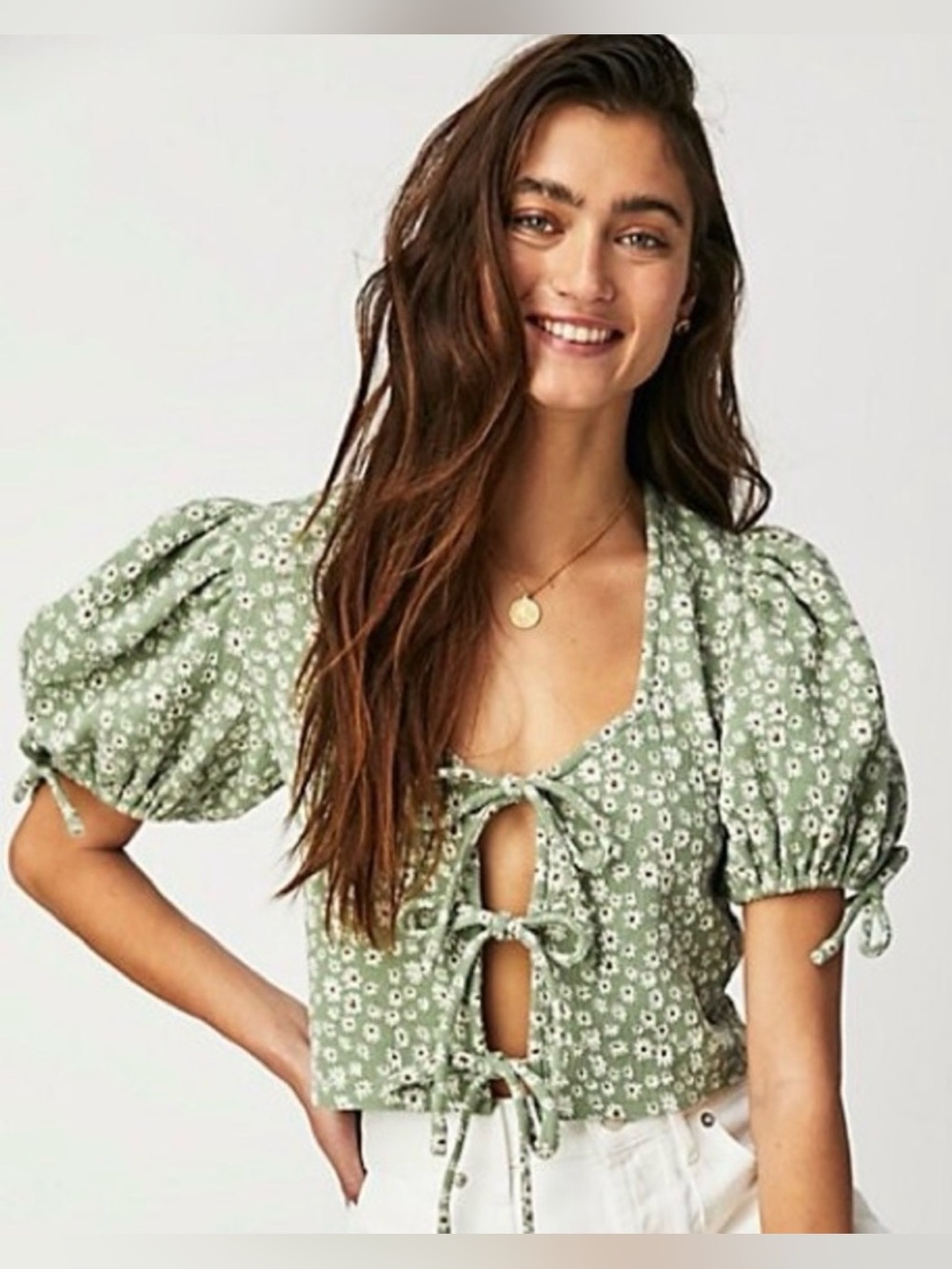 Free People Sage Green Floral Tie-Front Puff Sleeve “Summer Sun Top” NWT